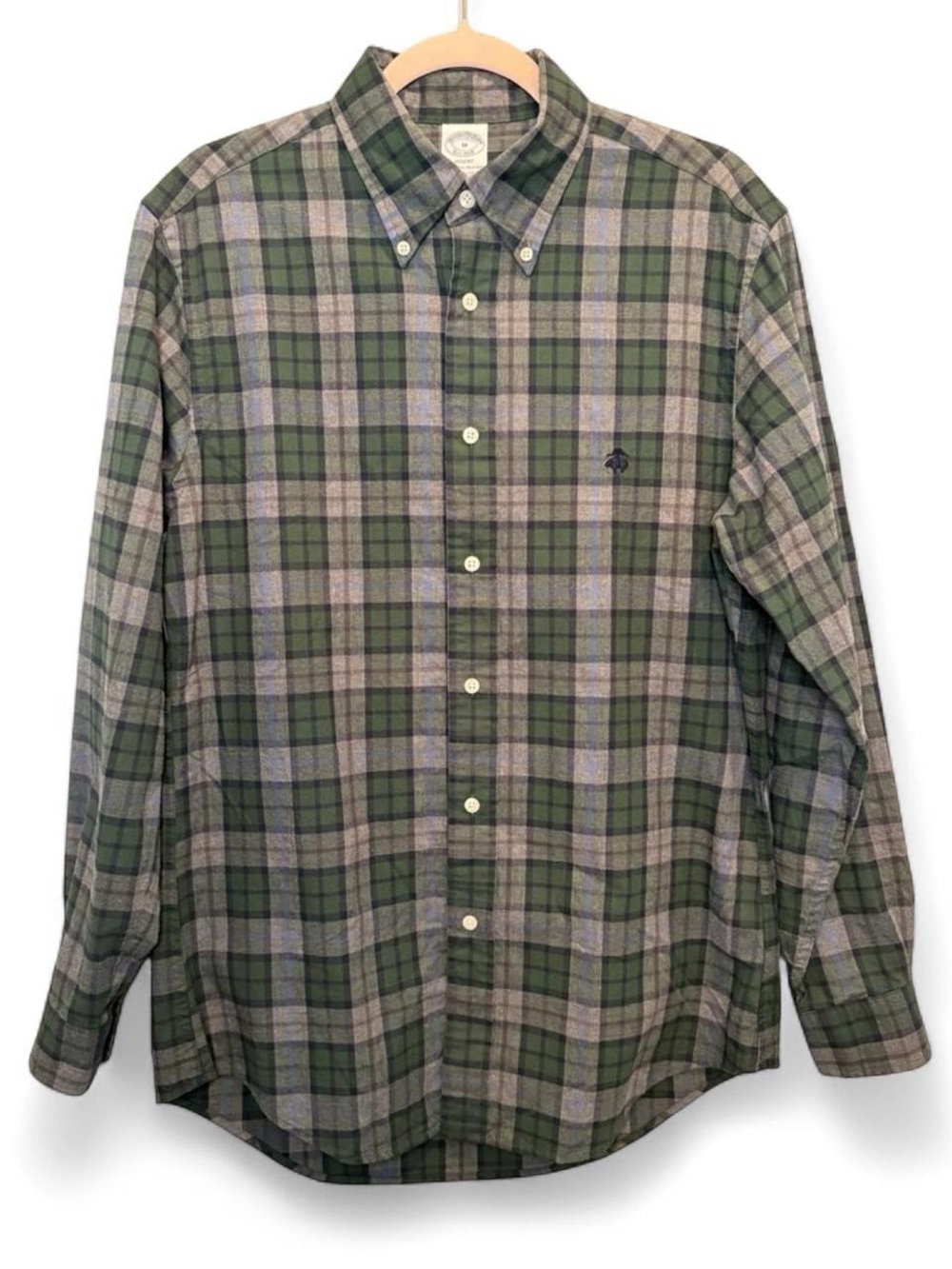 Brooks Brothers Regent Fit Plaid Button Down Shirt Green Gray Medium 100% Cotton